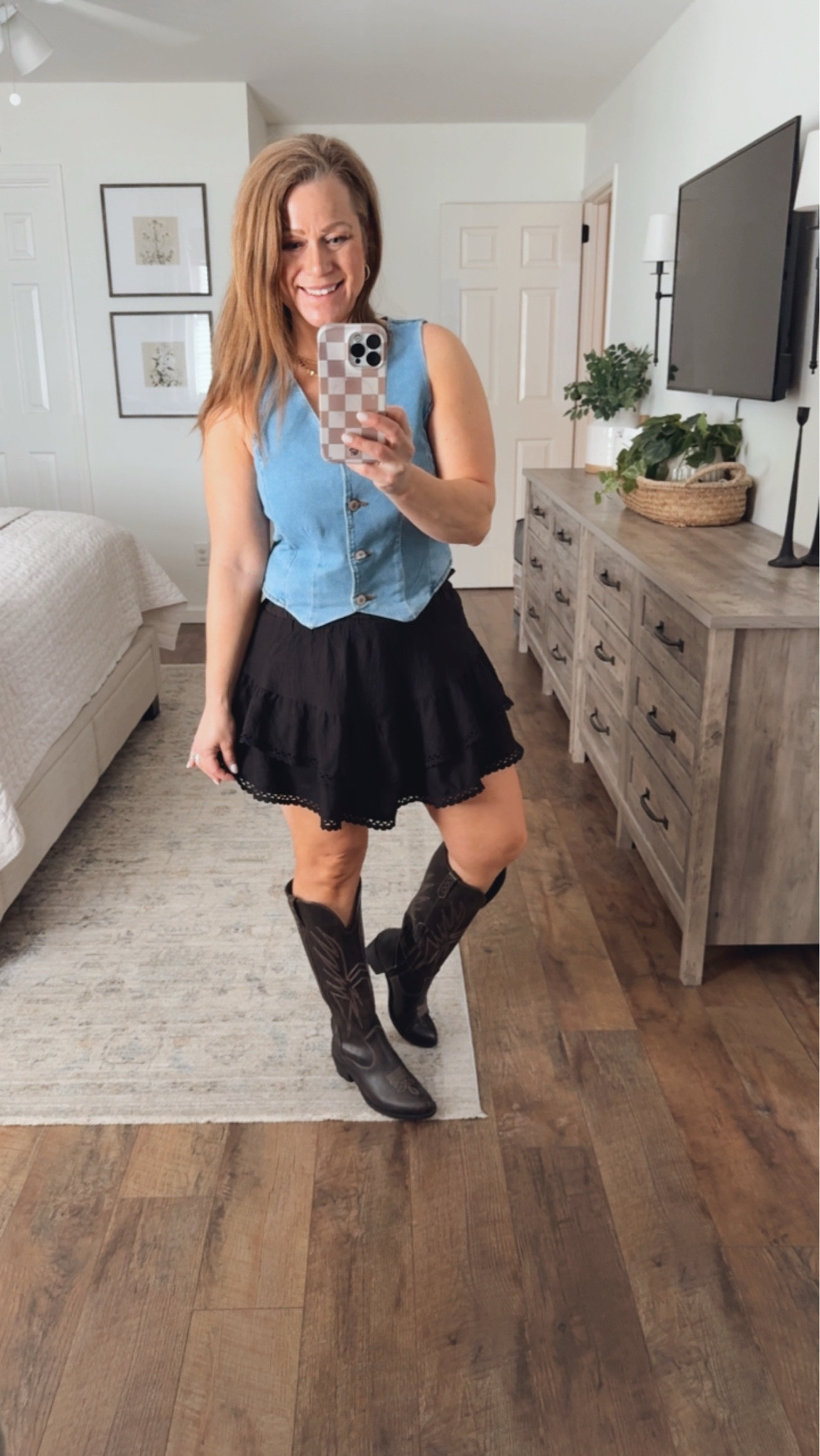 Concert outfit Inspo 

Denim vest 
2  tier ruffle skort
Knee high western boots 

#LTKMidsize #LTKPetite #LTKootd