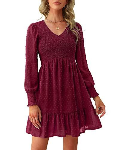 Ellakoko Vestido feminino casual babydoll bonito primavera franzido floral decote em V cintura império bolinhas suíças mini vestidos de manga comprida, Suíço Dot vinho tinto, GG | Amazon (BR)