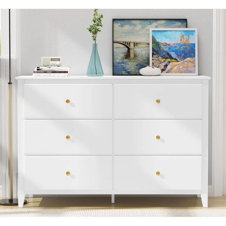 SEJOV 6 Drawer White Double Dresser, Modern Storage Cabinet with Easy Pull Out Gold Metal Handles... | Walmart (US)
