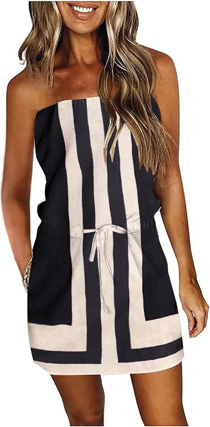 Summer Dress for Women Strapless Beach Cover Ups Boho Sundress Mini Dress Drawstring Waist with P... | Amazon (US)