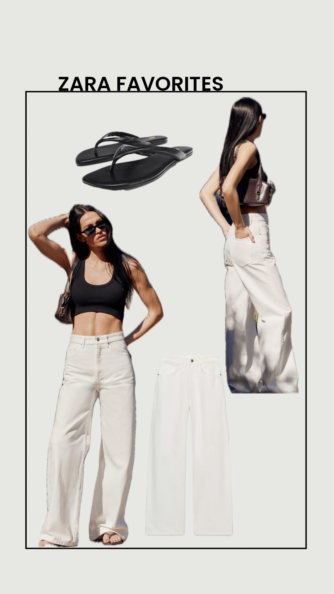 ZARA new in 🤍 the perfect neutral spring/summer outfit,high waisted white wide leg jeans styled with a minimal black crop top + classic flip flops. Effortless, clean, and elevated basics you’ll wear on repeat.
These ZARA white jeans are so flattering (snatched waist + relaxed leg fit) and pair with literally everything. A must-have capsule piece ✨@Zara 

#zaranewin zaraoutfit #whitejeans #ltkit #ltkstyle #ltkfashion

#LTKstyletip #LTKjeans #LTKspring