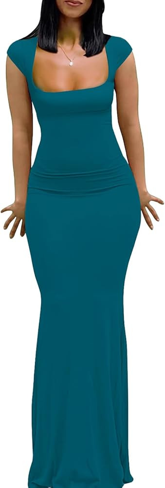 Womens Summer Cap Sleeve Square Neck Elegant Casual Lounge Bodycon Slim Maxi Evening Party Long D... | Amazon (US)