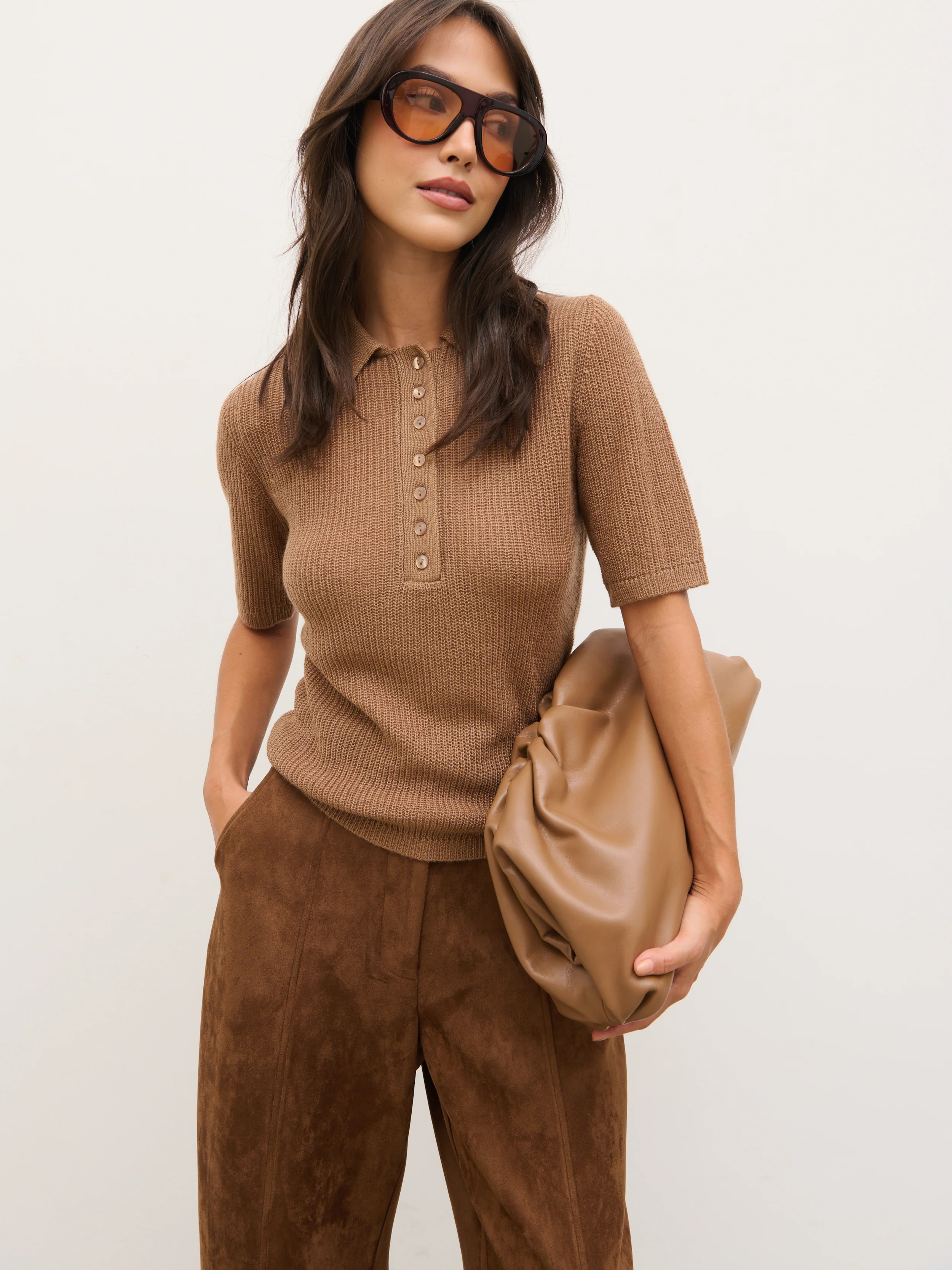 Ciara Lightweight Knit Polo Top - Tan | Pretty Lavish (UK)