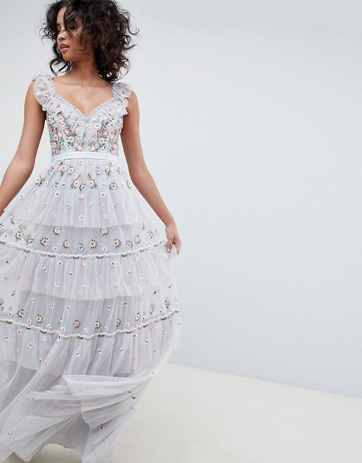 Needle & Thread sleeveless embroidered maxi dress in vintage blue | ASOS US