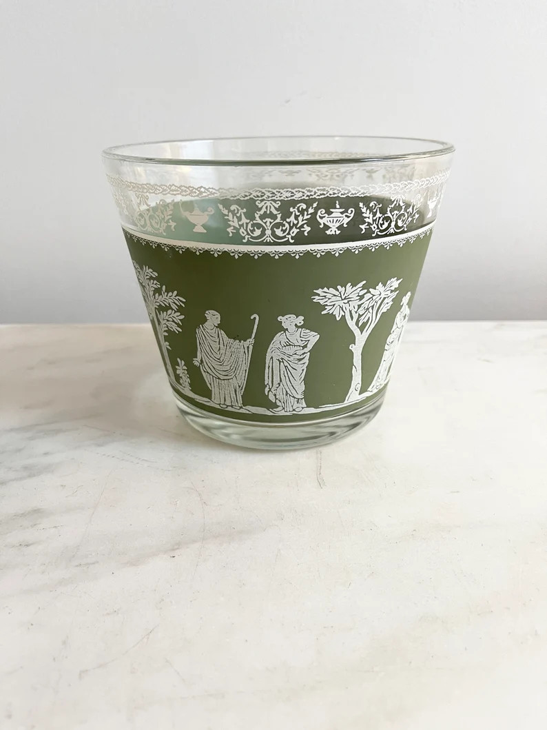 Green Clear Glass Vintage Ice Bucket Jeannette Green Hellenic Barware 1960s Wedgwood Style Classi... | Etsy (US)