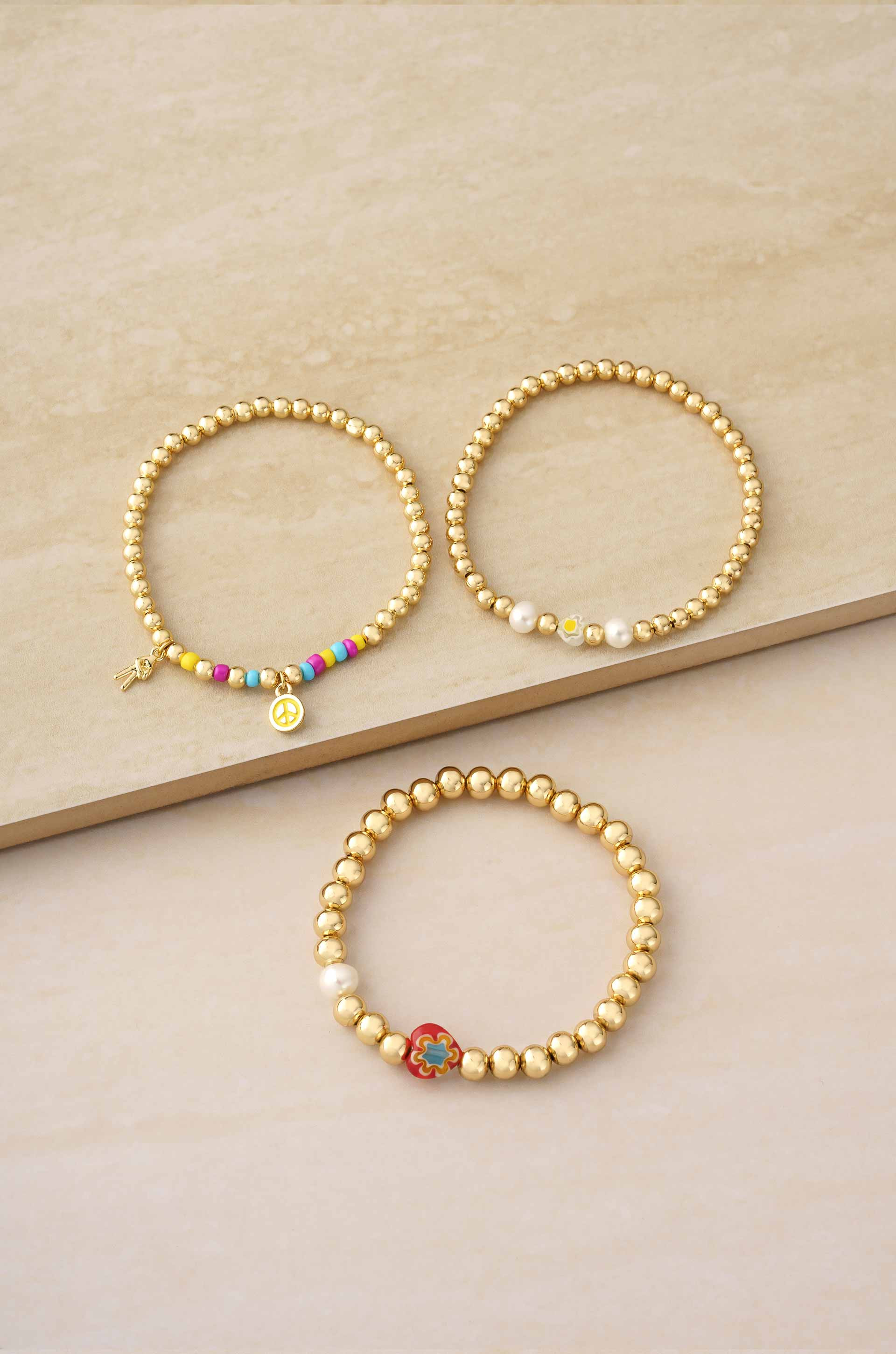 Positive Vibes Stack 18k Gold Plated Elastic Bracelets Set of 3 | Ettika