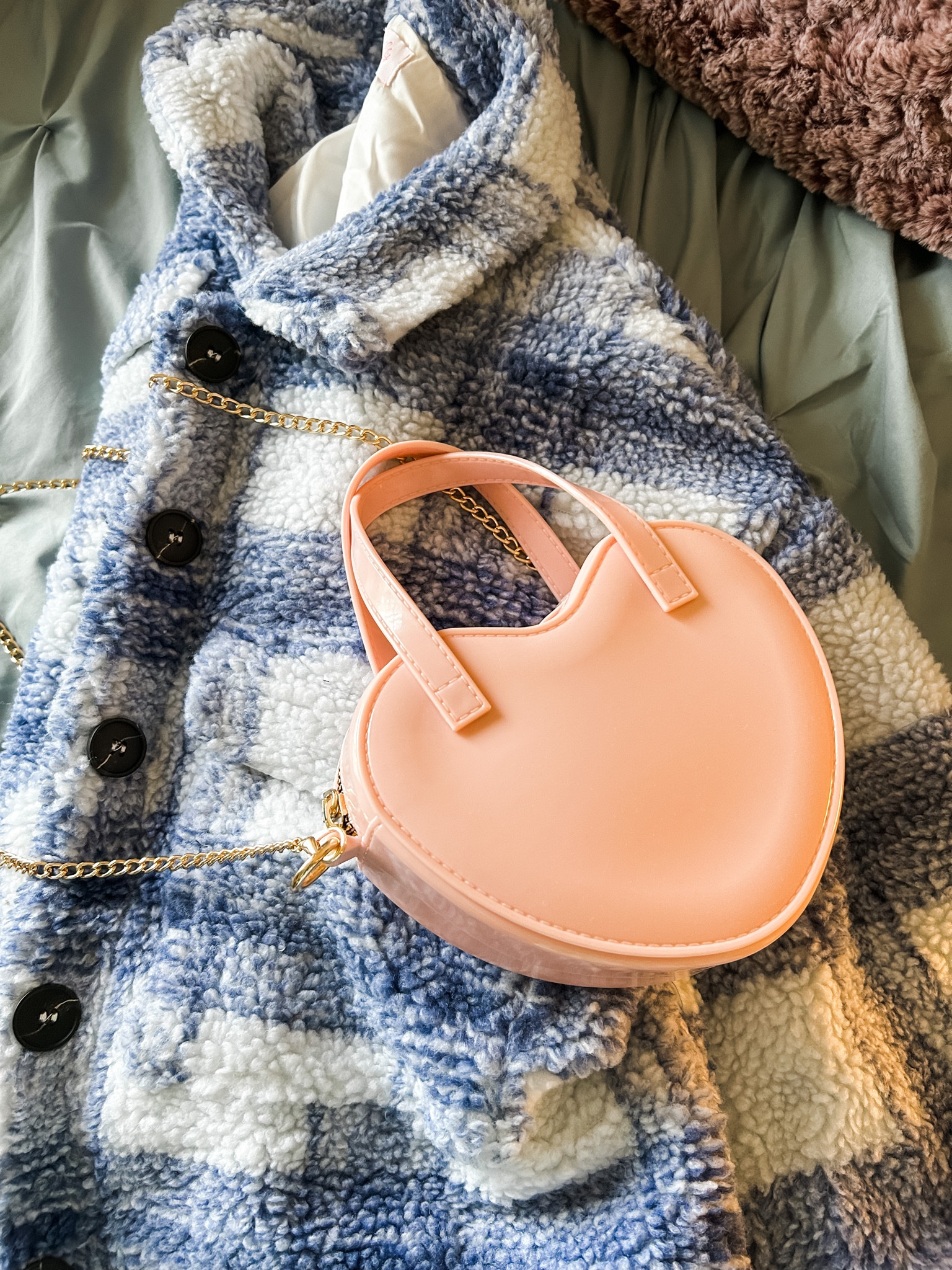Pastels
Blue plaid Sherpa jacket
Heart purse
Crossbody
Winter fashion
Coat
Outerwear
Cozy style 
Valentine’s Day fashion
Valentine’s Day gifts for her 
#ValentinesDay

#LTKGiftGuide #LTKSeasonal #LTKstyletip