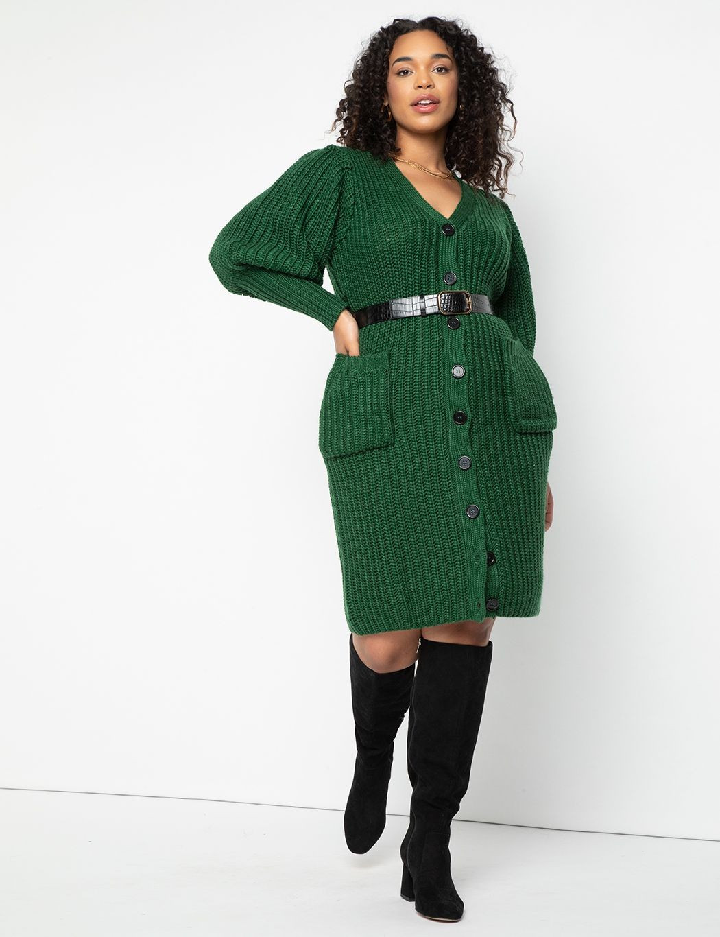 Puff Sleeve Cardigan Sweater Dress | Eloquii