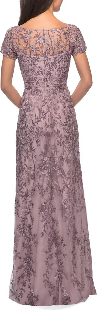 Floral Beaded Evening Dress with Sheer Cap Sleeves | Nordstrom