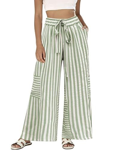 Bankeng Womens Summer Casual Striped Pants Loose Wide Leg Lounge Pants Elastic Waist Palazzo Trou... | Amazon (US)