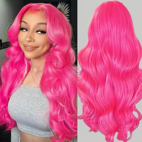 Ruaswey Pink Wig Human Hair 13x4 Pink Lace Front Wigs Human Hair Pre Plucked Body Wave Wig 200 Density Real Hair Frontal Wigs for Women 24 Inch | Amazon (US)