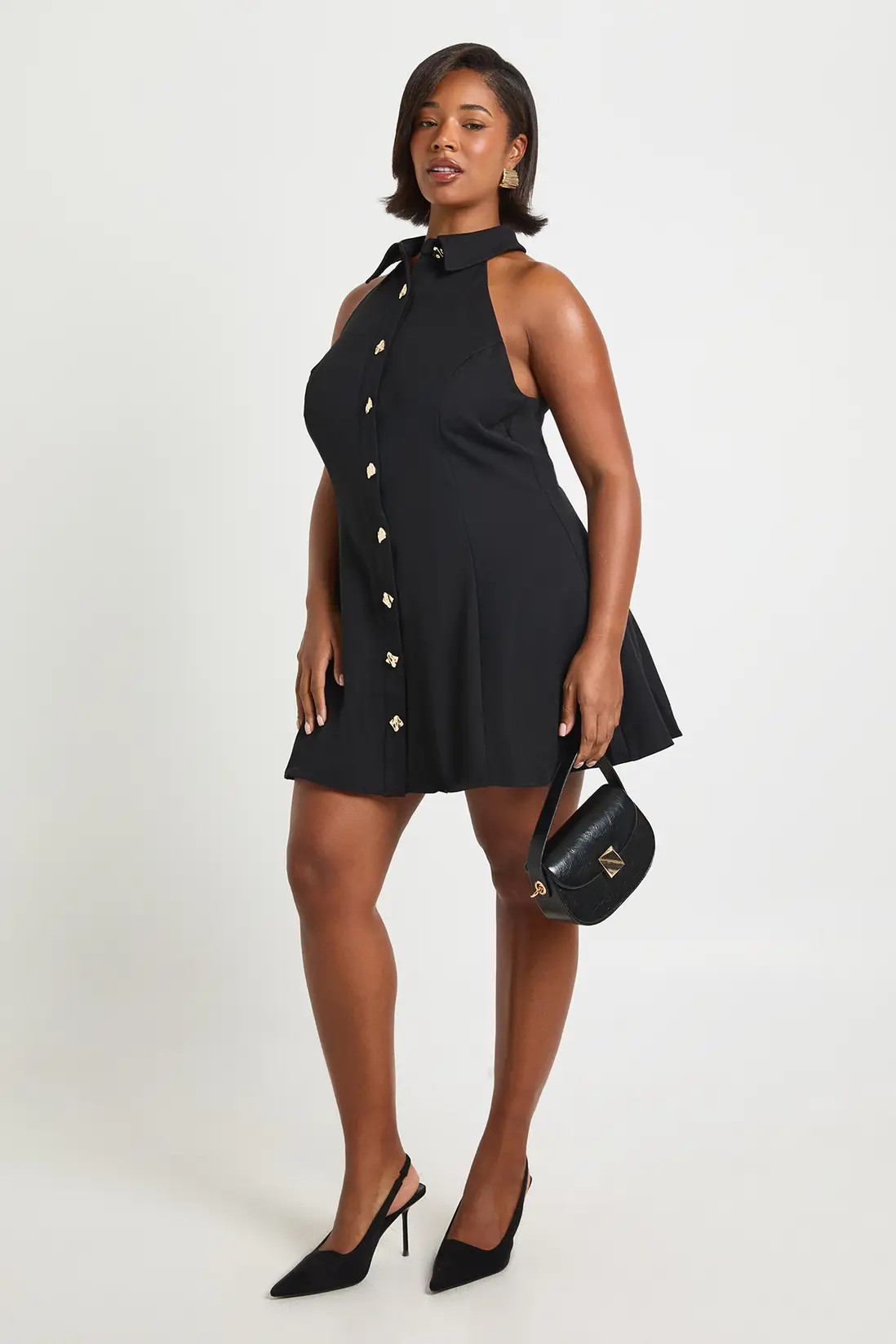 Black Plus Gold Button Sleeveless Skater Shirt Dress | Boohoo USA | boohoo (US & Canada)