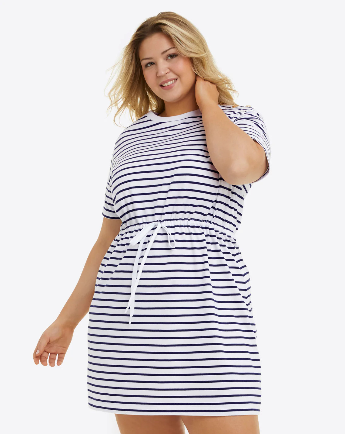 Tie Waist T-Shirt Dress in Nassau Navy Mariner Stripe | Draper James (US)