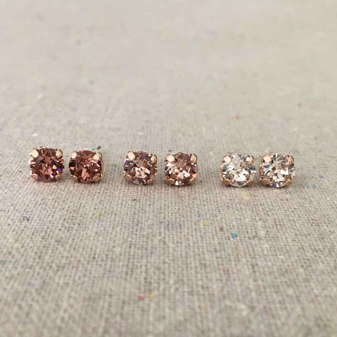 Swarovski Crystal Rose Gold Post Earrings, 6mm Blush Rose Vintage Rose Studs, Small Brilliant Ear... | Etsy (US)