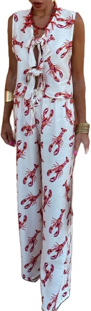 Women Y2k Tie Front Pajama Pants Set Lobster Print Lace Up Vest Top and Pants Lounge Set 2 Piece ... | Amazon (US)