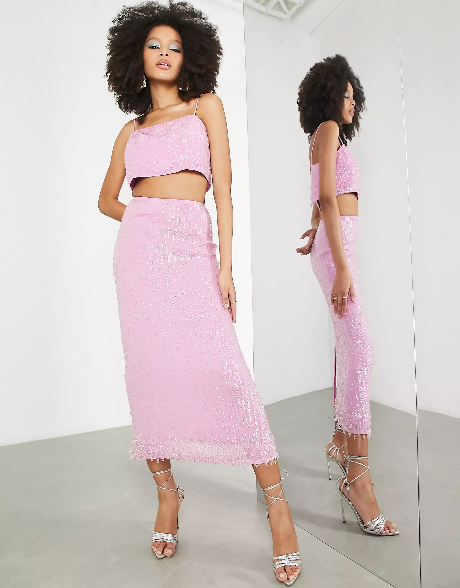 ASOS EDITION sequin pencil midi skirt in pink | ASOS (Global)
