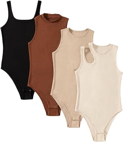 Women's 4 Piece Sexy Bodysuits Casual Solid Sleeveless Ribbed Knit Shapewear Tank Top Bodysuits | Amazon (US)