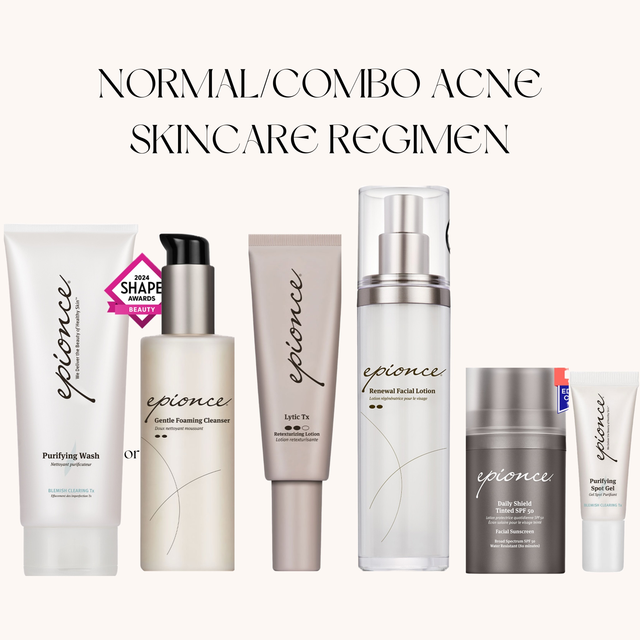Acne skincare regimens - skin type, male, & perimenopausal ✨

Adult Female Dry/Sensitive
Purifying Wash or Gentle Foaming Cleanser (AM/PM) double cleanse
Lite Lytic Tx (PM) (use AM/PM after 1-2 weeks)
Renewal Facial Cream (AM/PM)
Daily Shield Tinted SPF 50 (AM)
Purifying Spot Gel  (as needed for spot treating blemishes only)

Adult Female Normal/Combo
Purifying Wash or Gentle Foaming Cleanser (AM/PM) double cleanse
Lytic Tx (PM) (use AM/PM after 1-2 weeks)
Renewal Facial Lotion (AM/PM)
Daily Shield Tinted SPF 50 (AM)
Purifying Spot Gel (as needed for spot treating blemishes only)

Adult Female Combo/Oily/Problem
Purifying Wash or Lytic Gel Cleanser (AM/PM) double cleanse
Purifying Toner (AM/PM)
Lytic Plus Tx (PM) (use AM/PM after 1-2 weeks)
Renewal Lite Lotion (AM/PM)
Daily Shield Tinted SPF 50 (AM)
Purifying Spot Gel (as needed for spot treating blemishes only)

Adult Female Perimenopausal Acne
Purifying Wash or Gentle Foaming Cleanser (AM/PM) double cleanse
Lytic Plus Tx (PM) (use AM/PM after 1-2 weeks)
Renewal Facial Lotion (AM/PM)
Daily Shield Tinted SPF 50 (AM)
Purifying Spot Gel  (as needed for spot treating blemishes only)

Adult Male
Purifying Wash or Lytic Gel Cleanser (AM/PM) double cleanse
Purifying Toner (spot treat only)
Lytic Tx (AM/PM) (can switch to Lytic Plus Tx after first tube of Lytic is finished)
Purifying Spot Gel  (as needed for spot treating blemishes only)
Renewal Lite Lotion (AM/PM)
Daily Shield Tinted SPF 50 (AM)

#LTKGiftGuide #LTKBeauty #LTKMens