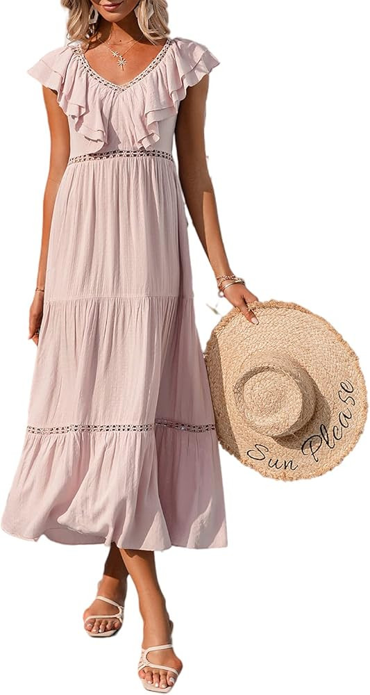 Miessial Women's Boho V Neck Floral Chiffon Dress Backless Beach Split Maxi Dress with Belt | Amazon (US)