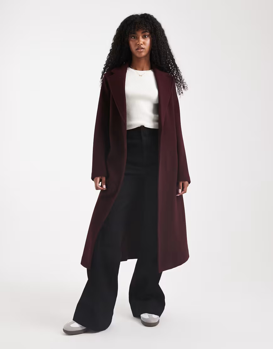 New Look longline belted coat in burgundy-Red | ASOS (Global)