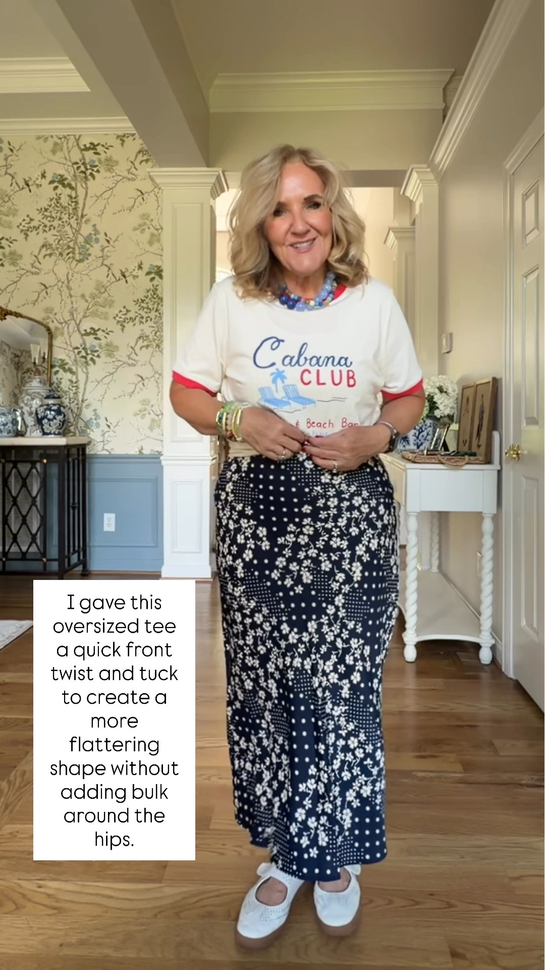 This Cabana Club graphic tee is such a fun summer staple! I’m wearing a medium, and it has a relaxed, oversized fit. I love doing a simple front twist and tuck to reduce bulk around the hips, it pairs perfectly with this printed slip skirt for an effortless mixed-print look that's both flattering and comfortable.

💡 LTK MADE EASY
❤️ Heart = Support my posts!
📌 Save = Get sale & restock alerts
📋 Lists = Keep favorites organized
📲 Share = Send lists and products to a friend. Hello, Christmas List! 💬
💬 Comment = Ask me anything about sizing or fit. :-)

#LTKootd #LTKSaleAlert #LTKOver40