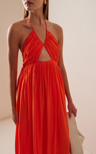 Oleander Gathered Satin Maxi Halter Dress | Moda Operandi (Global)