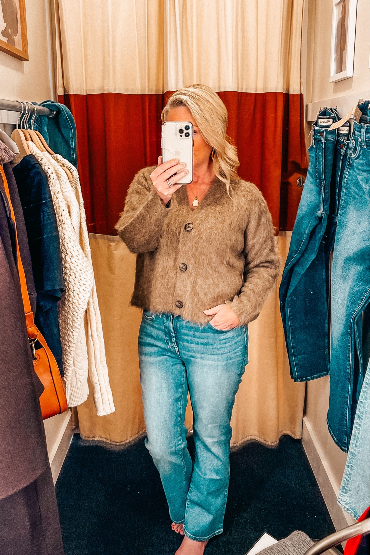 Madewell is having a sale! This brushed v-neck cardigan is even prettier in person! This is color: Heather Mesquite, size small. It is soft to the touch and not scratchy at all. I am very sensitive to textures! 

These are kick-out crop Madewell jeans. Color: Mather Wash  

#LTKsalealert #LTKxMadewell #LTKover40