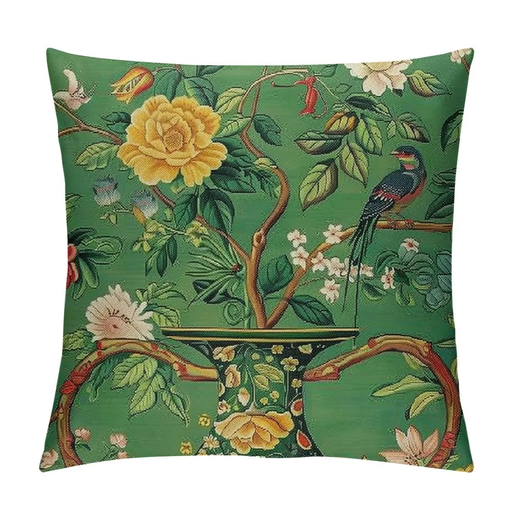 Creowell  Ming Vase Green Throw Pillow Cushion Chinoiserie Green Vase Flower Square Throw Pillows... | Walmart (US)