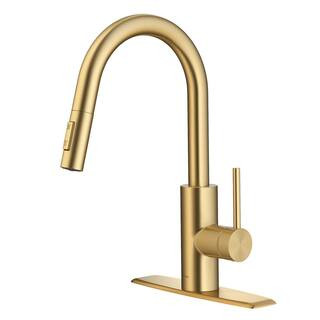 KRAUS Oletto Single-Handle Pull-Down Kitchen Faucet with Dual-Function Sprayer in Brushed Brass K... | The Home Depot