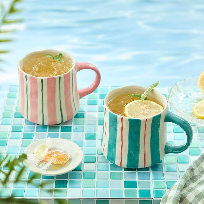 Striped Ceramic Coffee Mugs Set of 2, Pink and Green Stackable Stoneware Mugs for Morning Coffee,... | Amazon (US)