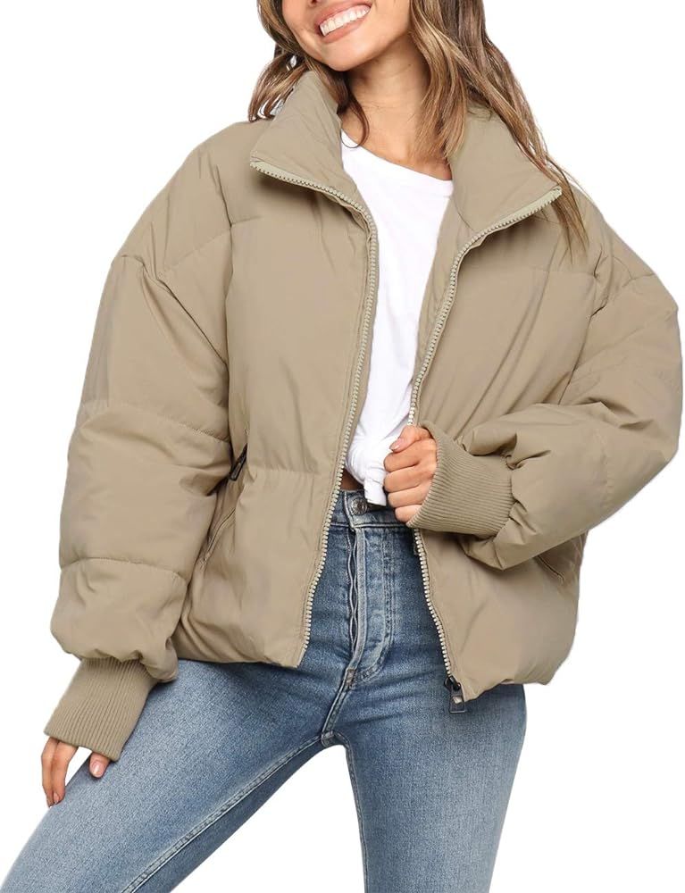 Amazon.com: MEROKEETY Women's Winter Long Sleeve Zip Puffer Jacket Baggy Short Down Coats : Cloth... | Amazon (US)