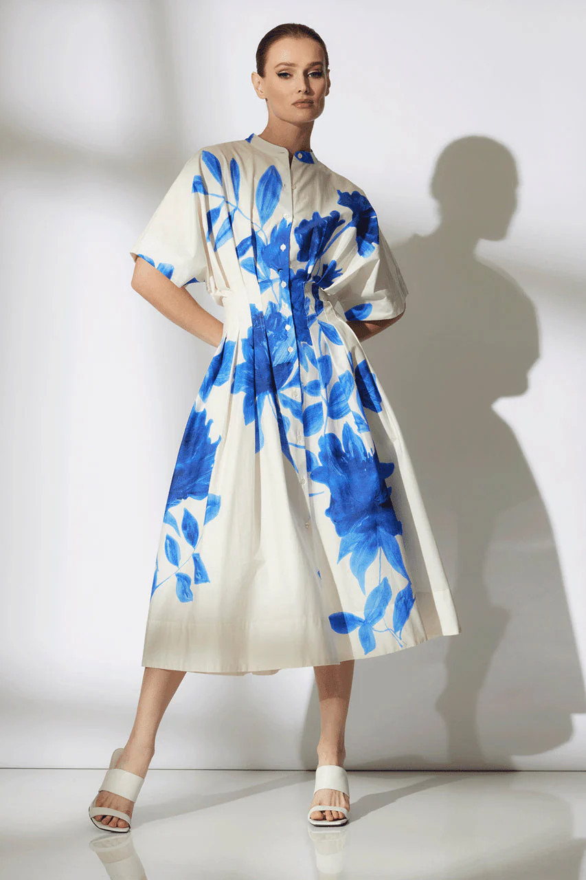 Buy Andora Printed Cotton Poplin Pleated Dress in Majorelle Online | NATORI | Natori