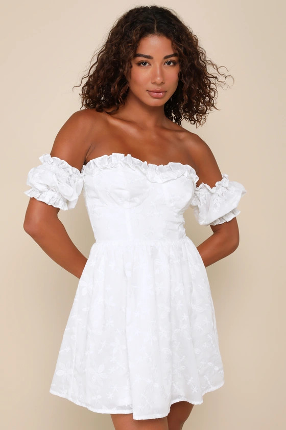 Sweet Viewpoint White Embroidered Off-the-Shoulder Mini Dress | Lulus