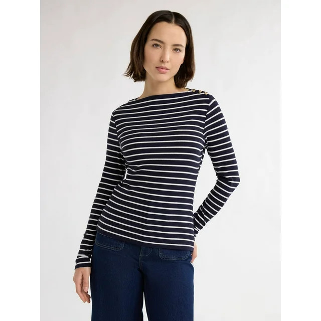 Free Assembly Women’s Boatneck Top with Long Sleeves, Sizes XS-XXL | Walmart (US)