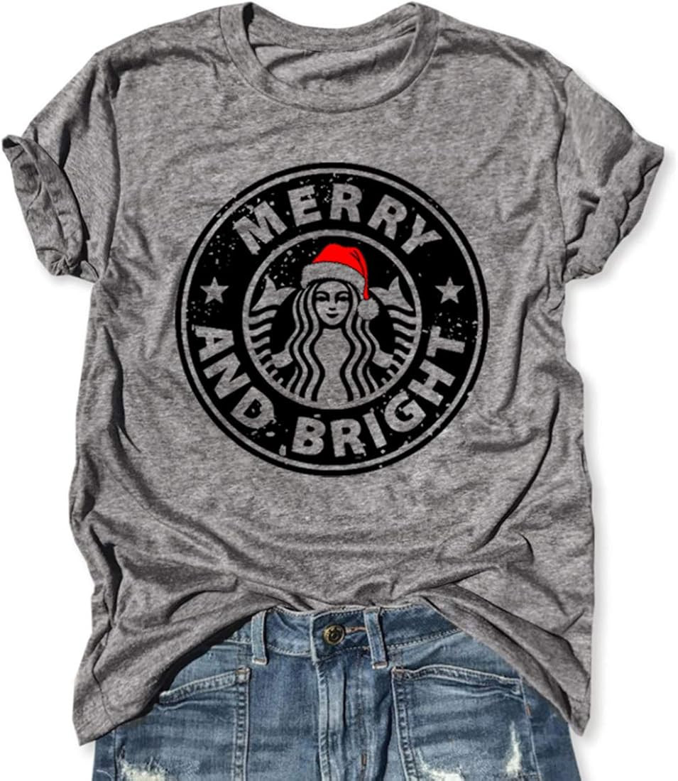 Merry and Bright Funny Christmas Coffee T Shirt Short Sleeve Letter Print Shirts Round Neck Loose Ca | Amazon (US)