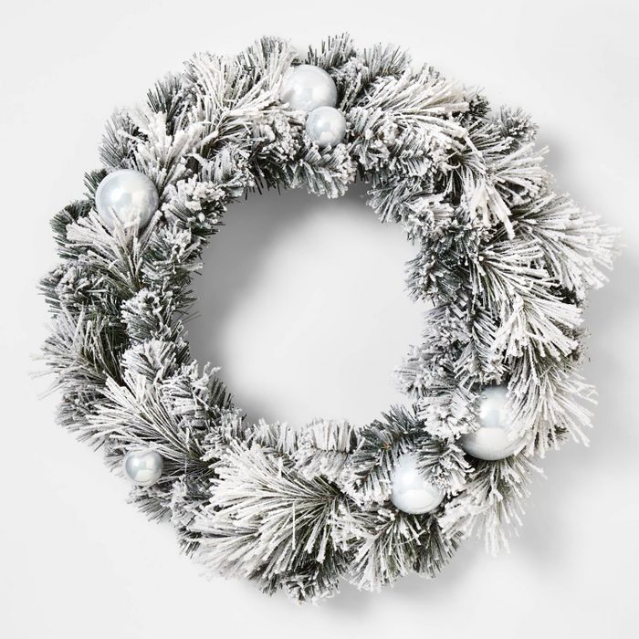 24in Unlit Flocked Wreath with White Opalescent Shatterproof Ornaments - Wondershop™ | Target