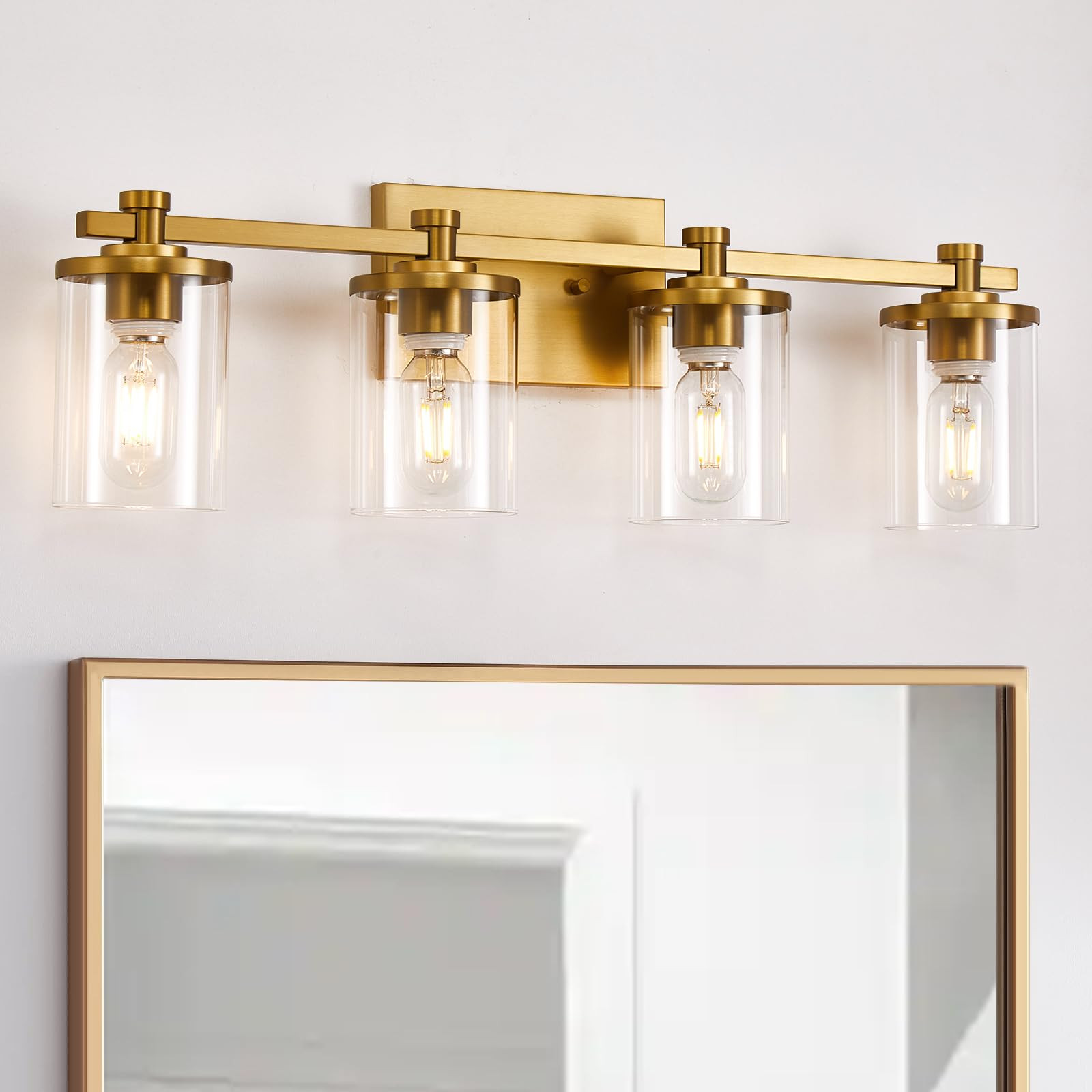 Gold Bathroom Light Fixtures, 4 Brushed Vanity Light, Lights Over Mirror with Clear Glass Shade, ... | Amazon (US)
