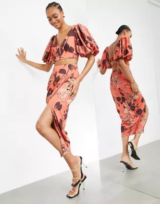 ASOS EDITION drape front skirt in cinnamon orchid print | ASOS (Global)