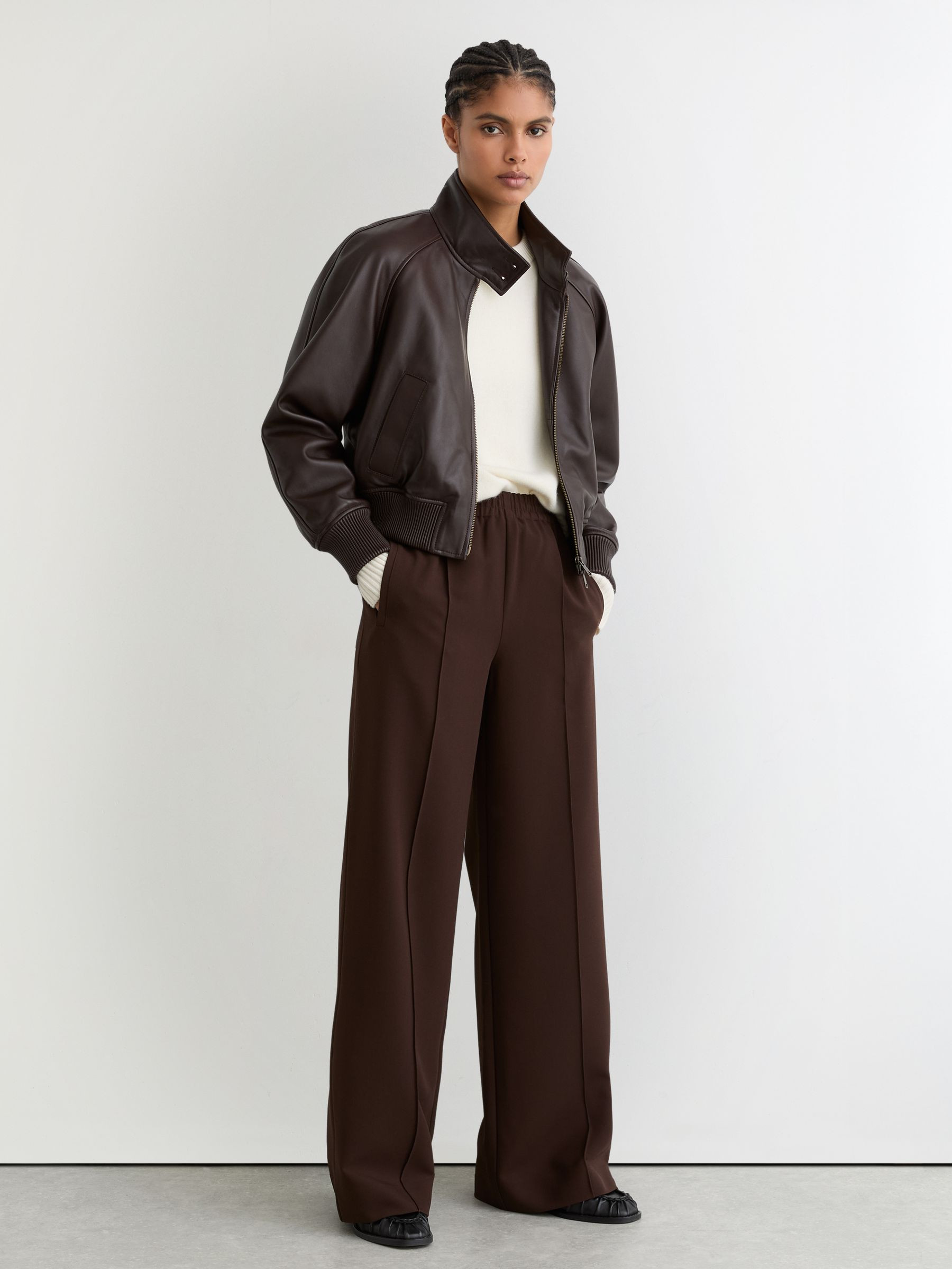 Reiss Wide-Leg Elasticated-Waist Trousers in Chocolate Brown - REISS | Reiss UK