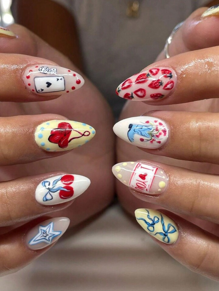 24pcs Summer Fresh Nail Art Design: Almond, Cherry, Strawberry Pattern. Simplistic European & Ame... | SHEIN