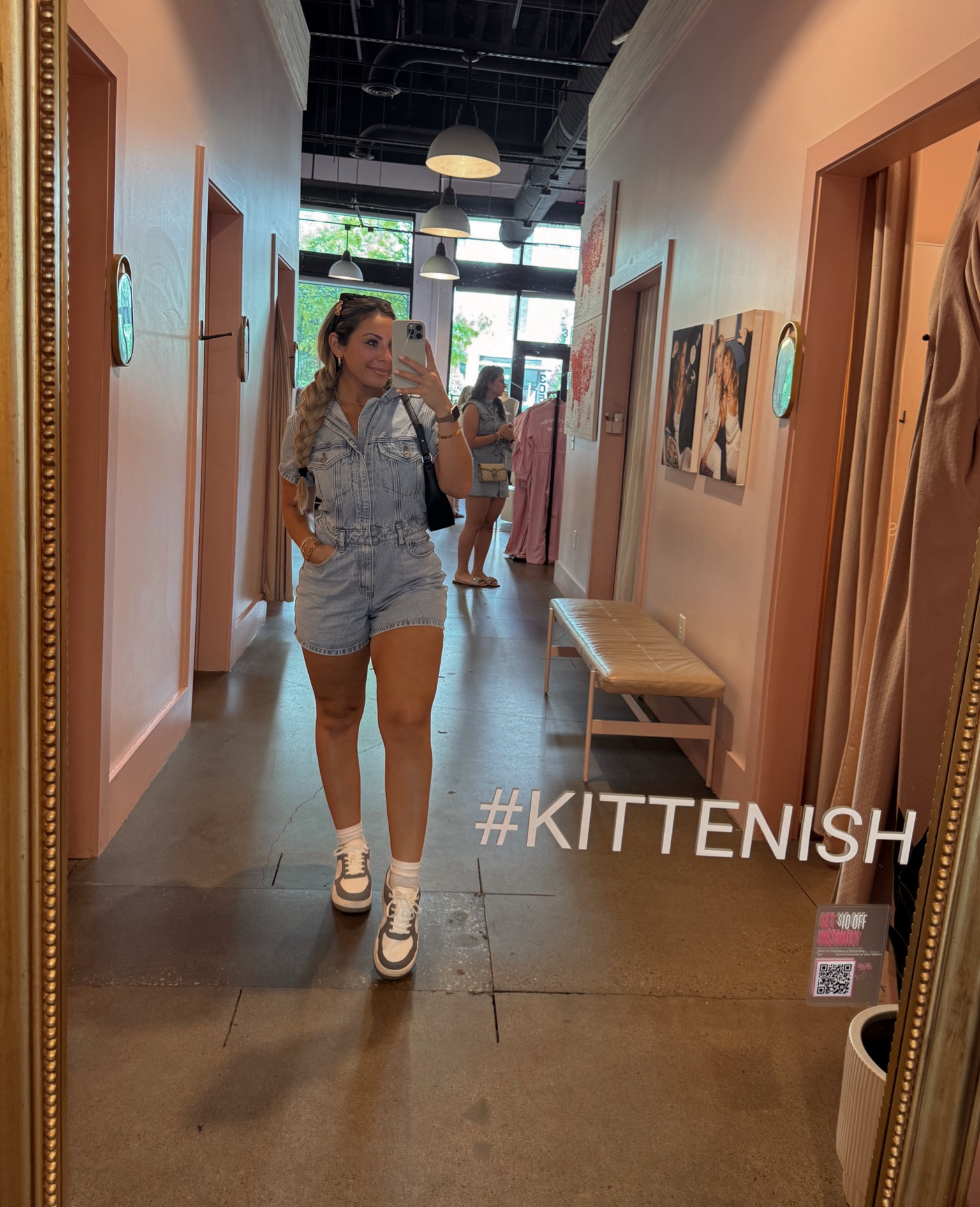 my fav denim romper, throw on with some sneakers + it’s the perfect casual fit! wearing a size S! 🤍