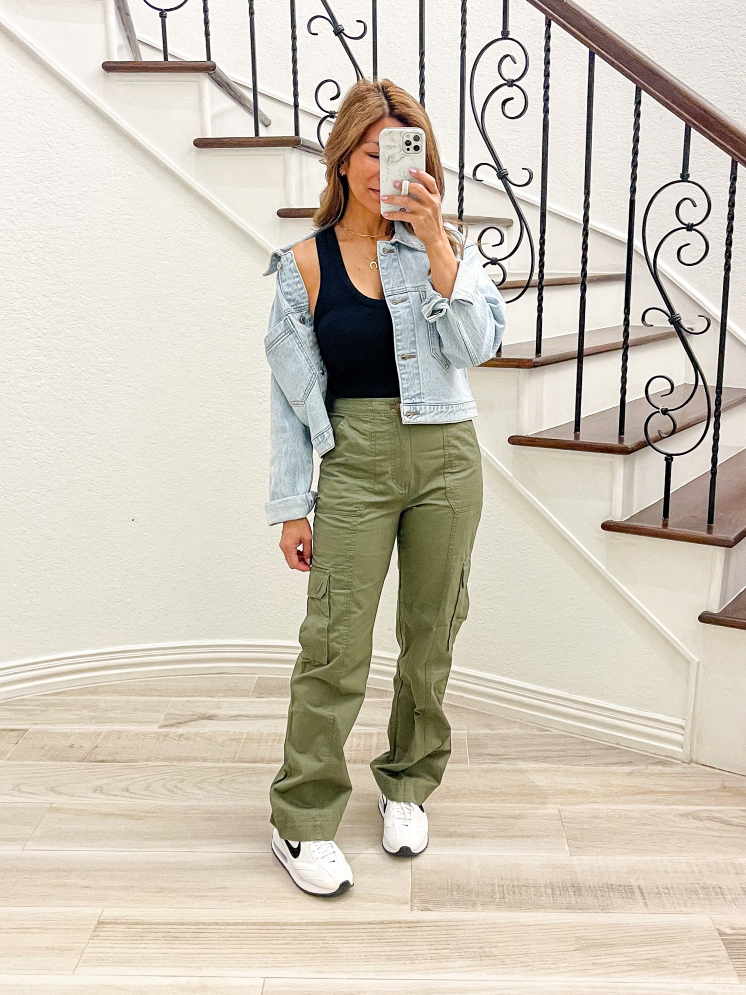 Denim jacket in small tts
Tank top in small tts
Cargo pants in 26 short length tts
Nike shoes tts

#LTKSale #LTKFind #LTKsalealert