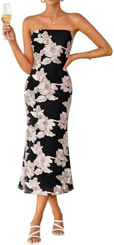 ZESICA Women's Summer Strapless Floral Midi Dress 2026 Bodycon Mesh Tube Wedding Guest Cocktail P... | Amazon (US)