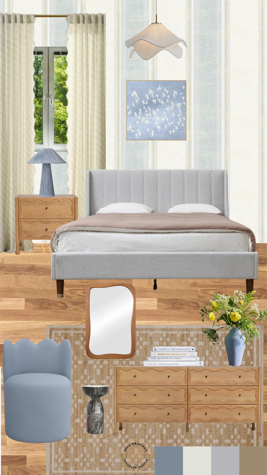 Beachy bedroom design/mood board. Affordable queen bed from Wayfair, gorgeous wavy accent chair, blue wall art, scalloped curtains, blue vase and gorgeous dresser and nightstand. Striped wallpaper. #bedroom #homedecor 

#LTKStyleTip #LTKSeasonal #LTKHome