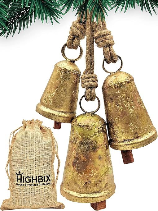 HIGHBIX Set of 3 Giant Harmony Cow Bells Huge Vintage Handmade Rustic Lucky Christmas Hanging Con... | Amazon (US)