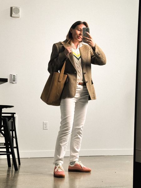 OOTD: white jeans (AG jeans, mine are linked to my Poshmark closet) + white Oxford shirt & herringbone blazer (both Polo Ralph Lauren) + sweater vest by Lacoste (I was really cold this morning) + Aritzia belt + Lacoste sneakers + Madewell essential bucket tote. 
💭💭💭

#LTKFindsUnder100 #LTKSeasonal #LTKSaleAlert