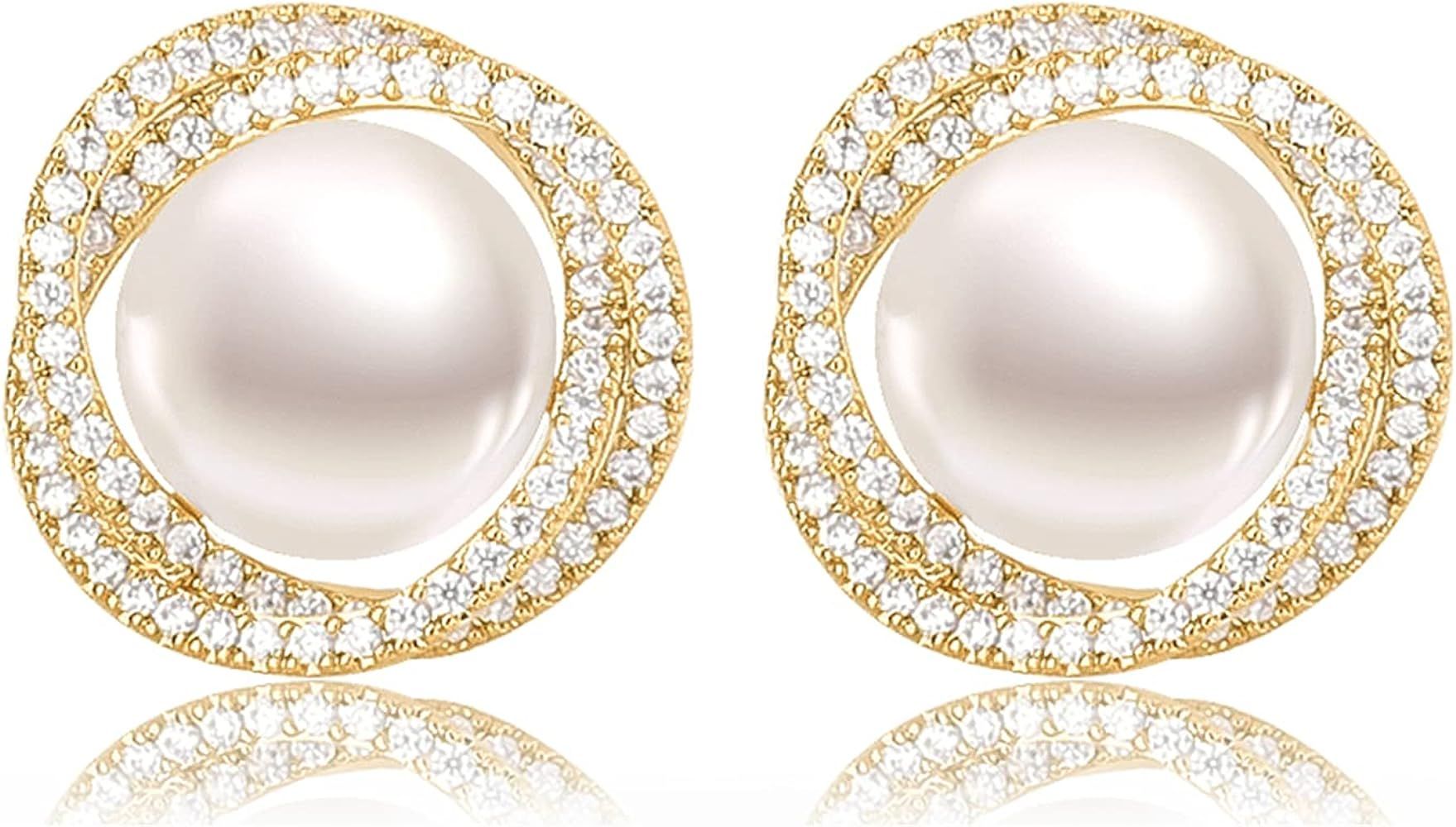 14K Gold Plated Round Pearl Earrings Studs With Diamonds Women's 80 Cubic Zircon Artificial 5mm Pear | Amazon (US)