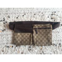 Vintage Gucci Gg Monogram Brown Beige Leather Belt Bum Fanny Pack Waist Bag Purse | Etsy (US)