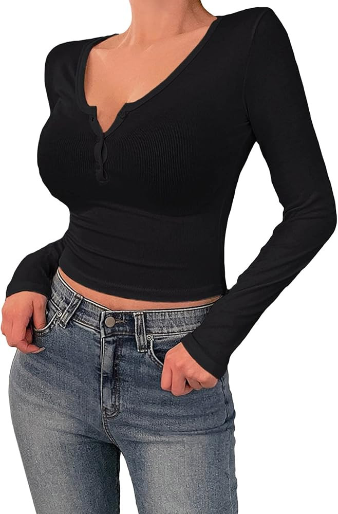 SOLY HUX Women's Y2k V Neck Long Sleeve Crop Top Button Front Tee T Shirt | Amazon (US)