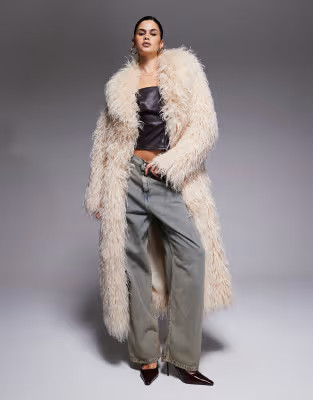 The Frolic exclusive oversized collar faux fur maxi coat in cream | ASOS (Global)